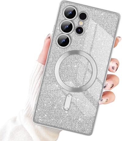 Glitter Sequin Design Hoesje Compatibel met Magsafe Magnetische Case Geschikt voor: Samsung Galaxy S24 Ultra - Zachte TPU Case - Zilver