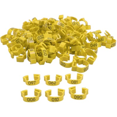 100 STUKS Kippenpootringen 20mm 001 tot 100 Genummerde Pluimvee Identificatie Pootlabels voor Kuikens Eenden geel