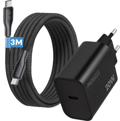 Phreeze usb C oplader 20w met usb C naar usb C kabel 3 meter - Snellader voor telefoon en usb C apparaten