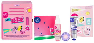 I LOVE Vibe Tribe Giftset – Body Mist 40 ml, Handcrème 30 ml, Lip Balm, Magneten & Sticky Notes