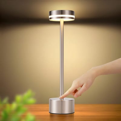 NETTLIFE Tafellamp LED - Accu - zilver - Draadloos Nachtlamp - Touch Dimbaar - 31.5cm - USB Oplaadbare - voor Slaapkamer | Eetkamer | Kantoor | Woonkamer