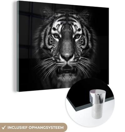 Glasschilderij - Foto op glas - Acrylglas - Dieren - Tijger - Natuur - Zwart - Wit - 160x120 cm - Schilderij glas - Glasschilderij tijger - Glasschilderij zwart wit - Muurdecoratie dieren