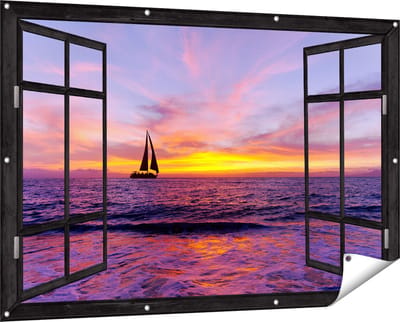 Gards Tuinposter Doorkijk Zeilboot Silhouet bij Zonsondergang - 150x100 cm - Tuindoek - Tuindecoratie - Wanddecoratie buiten - Tuinschilderij
