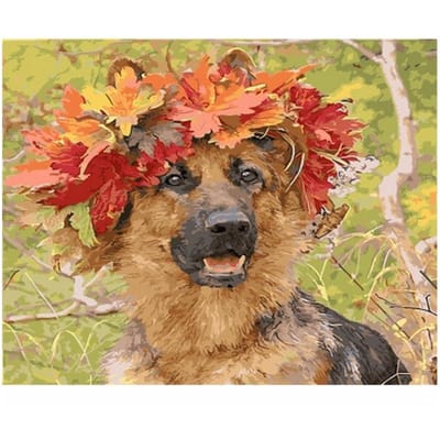 Feuilles d'automne chien berger allemand 5D bricolage peinture diamant motif rond complet broderie diamant 20X30CM brown