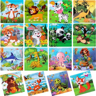 16 Houten Puzzels voor Kinderen met Dieren - Educatief Speelgoed voor 3-8 Jaar