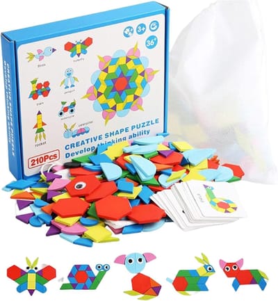 Houten Vormpuzzel - Patroonblokken Geometrisch Spel - Cognitieve Ontwikkeling - 210 Stuks - 21.6 x 16.5 x 4 cm - Montessori