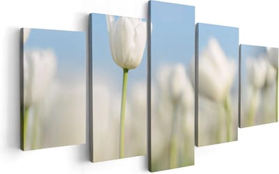 Artaza Canvas Schilderij Vijfluik Witte Tulpen - Bloemen - 100x50 cm - Wanddecoratie Woonkamer - Schilderijen - Muurdecoratie