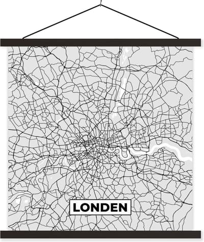 Posterhanger incl. Poster 60x60 cm - Schoolplaat - Londen - Stadskaart - Plattegrond - Zwart Wit - Kaart - Textielposter - Zwarte latten - Stadskaart