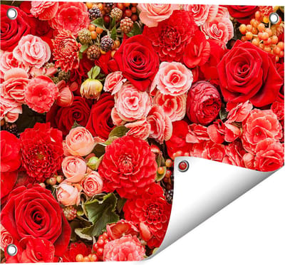 Gards Tuinposter Rode en Roze Bloemen met Fruit - Abstract - 50x40 cm - Tuindoek - Tuindecoratie - Wanddecoratie buiten - Tuinschilderij