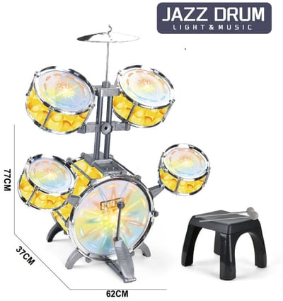 WK Kinder Drumstel XXL – 77×62×37cm – Met Kleurrijke LED Verlichting – Drumstel voor kinderen Inclusief stoelen - Speelgoed Drumstel voor Jongens en Meisjes – Dikke, Slagvaste Drumvellen – Muzikaal Speelgoed voor Peuters en Kleuters – Geel pakket