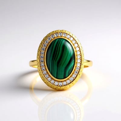 Cavill - Vergulde Zilveren Ring met Ovale Malachiet 11.6 ct en Pavé Zirkonia 0.93 ct - Luxe Malachiet Sieraden - Unieke Groene Steen Ring