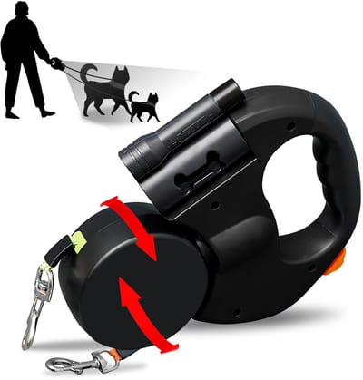 Thijox - Hondenriem dubbele lijn voor 2 honden met LED licht, intrekbare hondenlijn, reflecterende nylon band, comfortabele handgreep, zwart