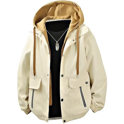 Nep Tweedelige Casual Jas Heren Lente en Herfst Nieuw Veelzijdige Werkjas Losse Top met Capuchon 4XL beige