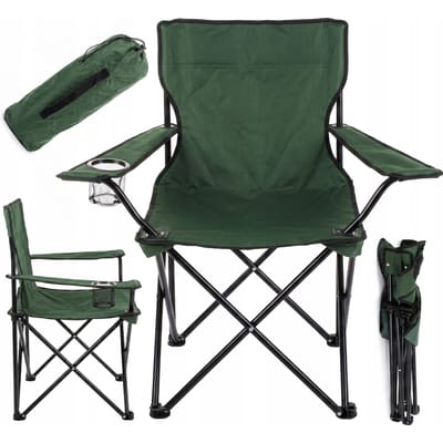 Opvouwbare visstoel Campingstoel met draagtas Groen, draagbare vissersstoel met bekerhouder in armleuning, stevig metalen frame, opvouwbare buitenstoel voor strand, tuin, picknick met comfortabele