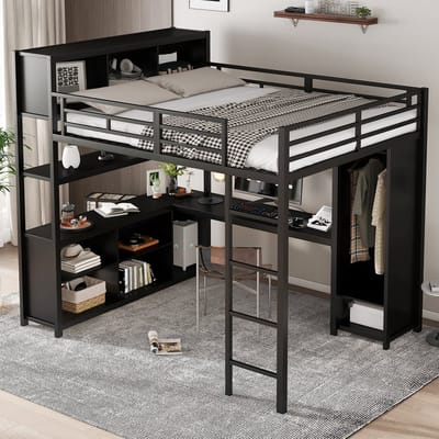 MODFU Hoogslaper 140x200 cm – Met kledingkast & bureau – Zwart – Metaal/hout – Ruimtebesparend – Slaapkamer