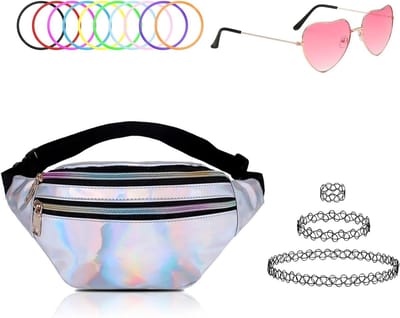 80s Fancy Dress Kostuum voor Dames - Carnavalsoutfit met Neon Accessoires, Bumbags, Hartbril en Armbanden voor Feestjes en Festivals