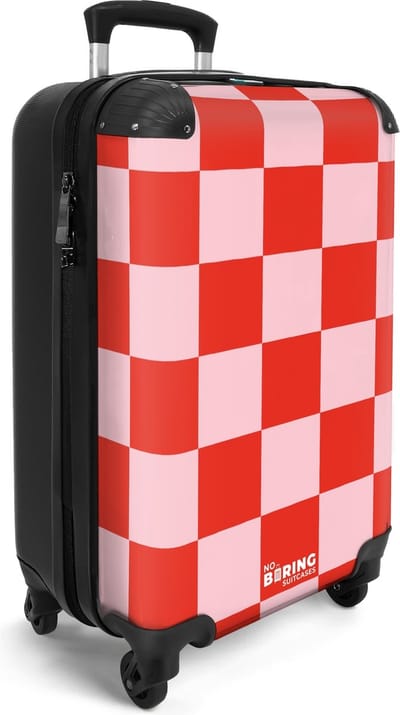 NoBoringSuitcases.com® - Handbagage koffer lichtgewicht - Reiskoffer trolley - Rolkoffer op wieltjes met roze rode hokjes - Valies carryon koffertje vakantie - Past binnen 55x40x20 en 55x35x25