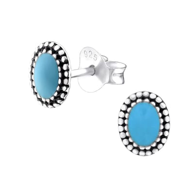 Joy|S - Zilveren ovaal oorbellen - 5 x 6 mm - blauw - geoxideerd