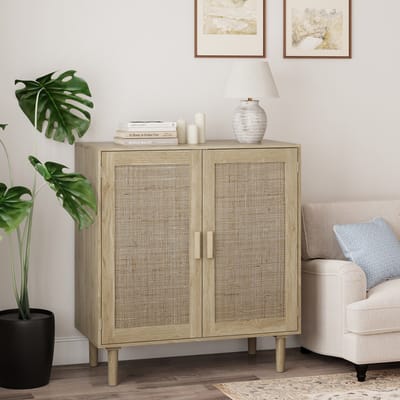 OKWISH Opbergkast – 80×40×88 Cm – 2 Deuren – Met Open Vakken En Magneetsluiting – Voor Woonkamer Eetkamer Of Hal – MDF Naturel