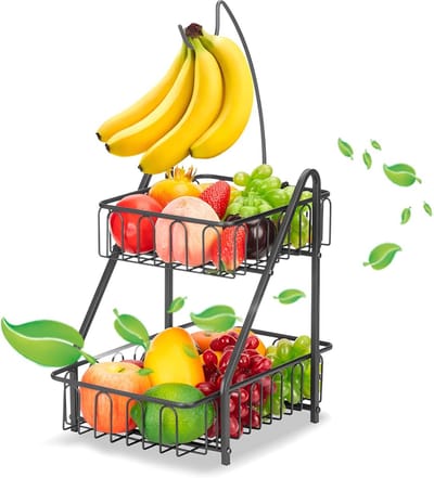 Famanu – Fruitrek 2 niveaus met bananenhaak – metalen fruitschalen voor aanrecht (zwart)