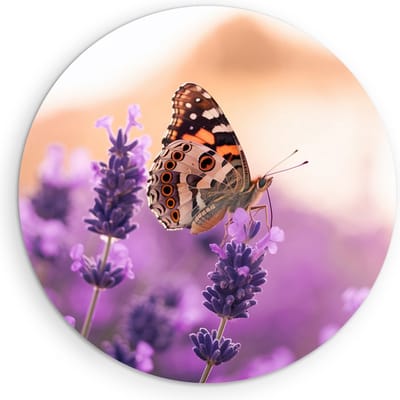 Saammp Muurcirkel Hout - Vlinder bij lavendel - Bloemen - Dieren - Natuur - Ø 90 - Wandcirkel - Wanddecoratie Cirkel - muurdecoratie Woonkamer - Slaapkamer decoratie - Rond Schilderij