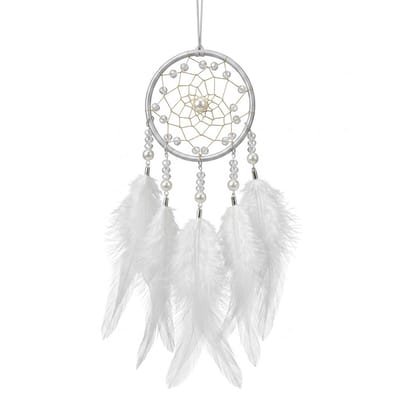 Wit goudkleurig dromenvanger wand decoratie hanger rond met veren kralen en web patroon voor dames en heren muur ophanging bohemian stijl handgemaakt ornament slaapkamer woonkamer