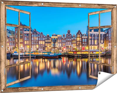 Gards Tuinposter Doorkijk Amsterdamse Huisjes in de Avond met Lichten - 120x80 cm - Tuindoek - Tuindecoratie - Wanddecoratie buiten - Tuinschilderij