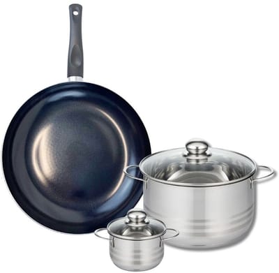 Set van 1 Koekenpan 32 cm en 2 braadpannen 12 en 24 cm Elo Prima Glanzend