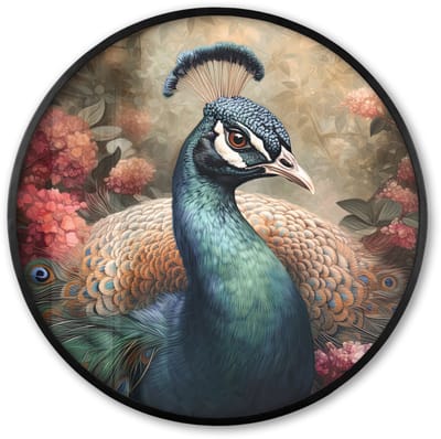 Poster in lijst Rond - Fotolijst 60x60 cm - Posters - Pauw - Vogel - Bloemen - Planten - Pauwenveren - Ronde posterlijst zwart - Decoratie - Wanddecoratie woonkamer - Muurdecoratie slaapkamer