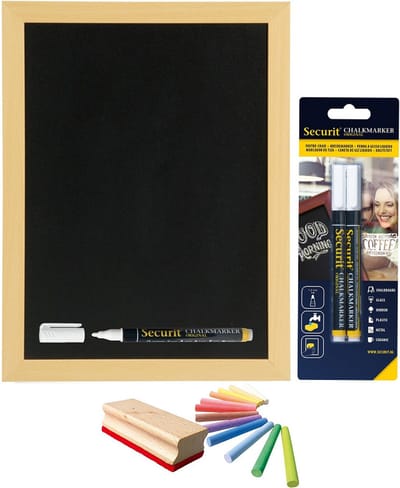 Schoolbord/krijtbord 30 x 40 cm met krijtjes 2x witte krijtstiften, 12x kleur krijtjes en een bordwisser - Schoolborden set