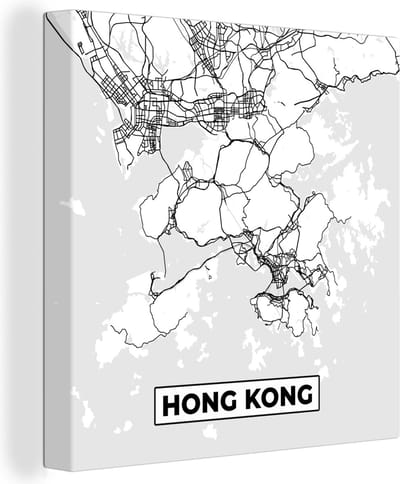 Canvas Schilderij Hong Kong - Stadskaart - Zwart Wit - Plattegrond - Kaart - 20x20 cm - Wanddecoratie