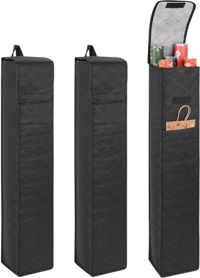 Opbergorganizer voor kerstpapier, verpakking van 3 stuks, geschikt voor maximaal 9 rollen per zak, verdikte 3-laagse niet-geweven cadeauverpakkinghouder met zijvakken en handgrepen, waterdichte
