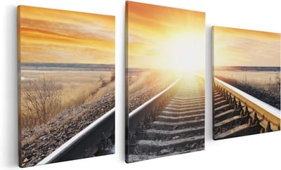 Artaza Canvas Schilderij Drieluik Rails Spoorweg Bij Zonsondergang - 120x60 - Foto Op Canvas - Canvas Print
