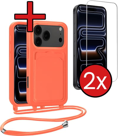 Hoesje Geschikt voor iPhone 17 Pro Max / 18 Pro Max Hoesje Met Telefoonkoord en Pasjeshouder Met 2x Screenprotector Siliconen - Hoes Geschikt voor iPhone 17 Pro Max / 18 Pro Max Hoesje Met Kaarthouder Case - Papaya