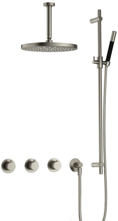 Hotbath Cobber IBS70 inbouw regendoucheset met staafhanddouche aan glijstang en 30cm ronde hoofddouche aan 15cm plafondarm geborsteld nikkel