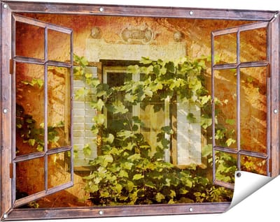 Gards Tuinposter Doorkijk Raam met Luiken - 120x80 cm - Tuindoek - Tuindecoratie - Wanddecoratie buiten - Tuinschilderij