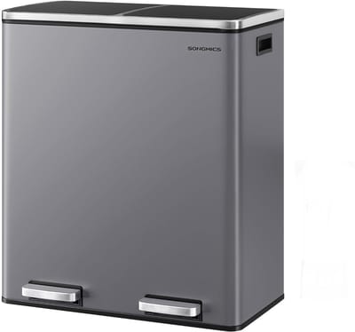 SONGMICS - Dubbele afvalbak - pedaalemmer - 60 liter - 2x30 liter - metalen recyclingbak - kunststof binnenemmers - softclose - grijs