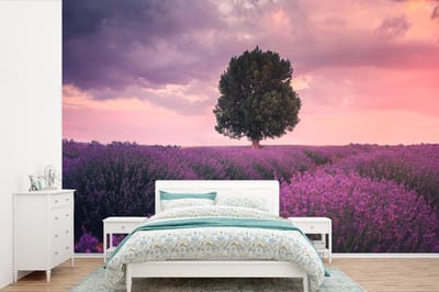 Behang - Fotobehang Lavendel - Bloemen - Paars - Boom - Natuur - Breedte 360 cm x hoogte 240 cm