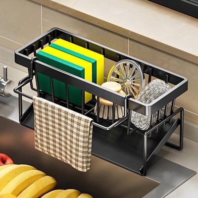 Keuken Organizer van RVS, Sponshouder voor de Gootsteen, Caddy met Tray en Handdoekhouder voor Keuken en Badkameropslag