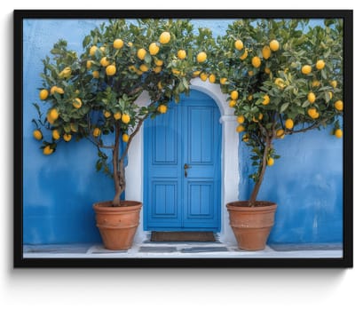 Poster in lijst - Fotolijst 70x50 cm - Posters - Citroenbomen - Geel - Deur - Potten - Posterlijst zwart - Decoratie - Wanddecoratie woonkamer - Muurdecoratie slaapkamer