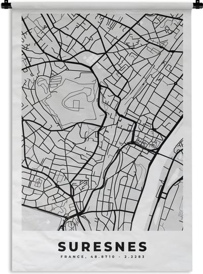 Wandkleed - Wanddoek - Plattegrond – Kaart – Stadskaart – Frankrijk – Suresnes - 120x180 cm - Wandtapijt