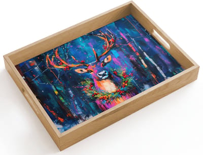 Dienblad hout 40x30 cm - Schootdienblad - Rendier - Krans - Sprookjesachtig - Blauw - Borrelplank rechthoek - Plateau dienbladen