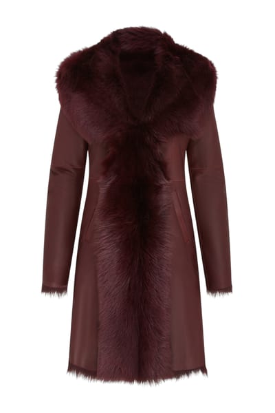 Dames Bordeauxrode Toscaanse trenchcoat met capuchon van echt schapenleer - Verona