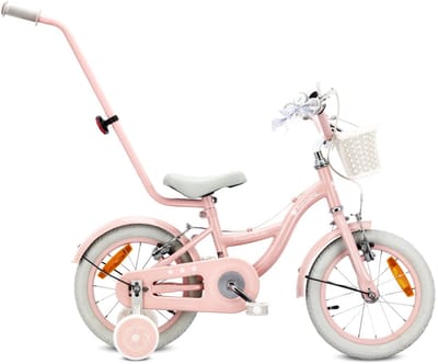 Sun Baby Kinderfiets 14 Inch FLOWER BIKE Retro, Fiets voor Meisje 3-5 Jaar, Max 50 kg - V-brakes, zijwielen, bel, reflectoren, stalen frame, verstelbaar - Roze