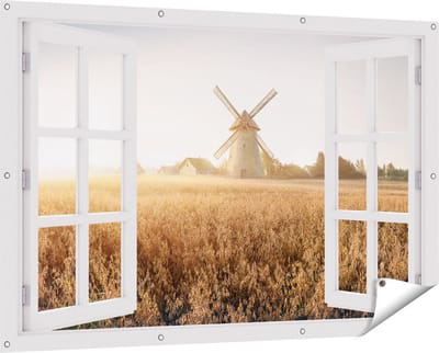 Gards Tuinposter Doorkijk Windmolen in het Veld - 150x100 cm - Tuindoek - Tuindecoratie - Wanddecoratie buiten - Tuinschilderij