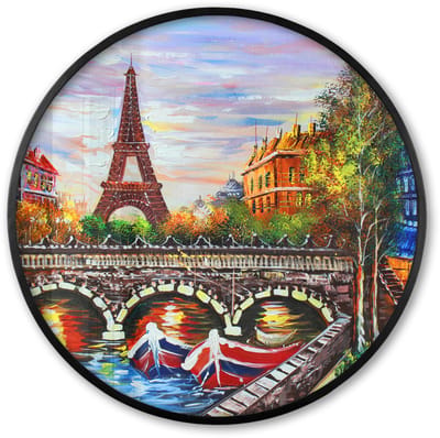 Poster in lijst Rond - Fotolijst 60x60 cm - Posters - Schilderij - Olieverf - Eiffeltoren - Parijs - Water - Ronde posterlijst zwart - Decoratie - Wanddecoratie woonkamer - Muurdecoratie slaapkamer