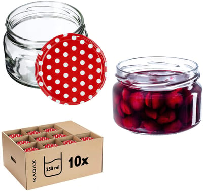 KADAX Kleine inmaakpotten, 250 ml, jampotten met deksel, luchtdichte potten om cadeau te geven, mini-potten voor honing en specerijen (10 stuks, rood gestippeld)