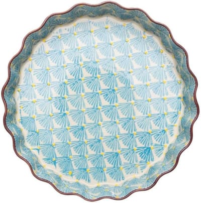 Quichevorm van steengoed met handgestempelde print blauw ART DECO, Ø 22 x 4 cm