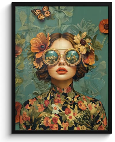 Poster in lijst - Fotolijst 50x70 cm - Posters - Vrouw - Bloemen - Vlinders - Natuur - Vintage - Posterlijst zwart - Decoratie - Wanddecoratie woonkamer - Muurdecoratie slaapkamer