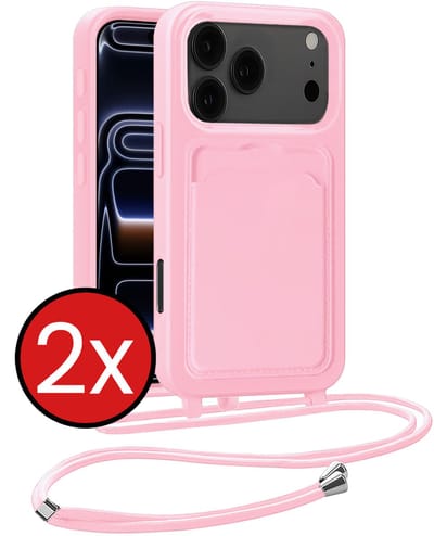 Hoesje Geschikt voor iPhone 17 Pro / 18 Pro Hoesje Met Telefoonkoord en Pasjeshouder Siliconen - Hoes Geschikt voor iPhone 17 Pro / 18 Pro Hoesje Met Kaarthouder Case - Lichtroze - 2 PACK